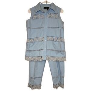 Bobbie Brooks Vintage Cotton Women's Pant Set Sleeveless Top Blue Lace Detail SM